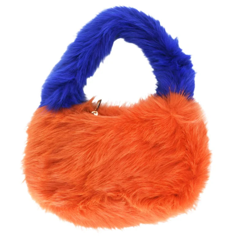 Bold orange and blue faux fur handbag, featuring plush fur for a warm, stylish festival or wedding look