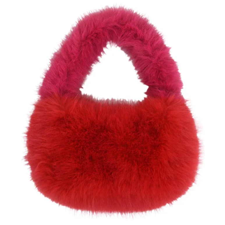 red and pink faux fur handbag for wedding and festival outfits