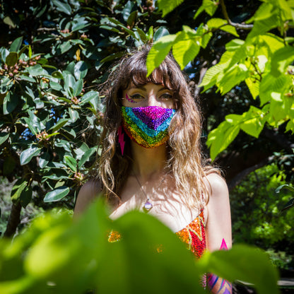 Rainbow Face Covering, sequin face mask, festival mask, dust mask, hand made bespoke festival mask. 