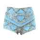 Silver and white cosmic cowgirl shorts with love hearts, dress up as sailor moon with these unique festival hot pants