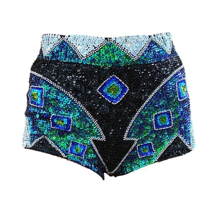 Mermaid green, blue, silver and black hand made sequin shorts with silver beads, high waist festival hot pants.
