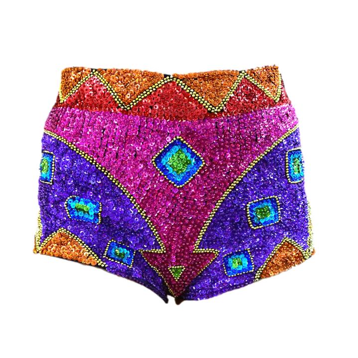 Rainbow high waist sequin shorts with pink, purple, blue, green, orange and red sequins, gold beads and rainbow design, hand made hot pants for festival outfit or rainbow gay LGBTQ pride costume.