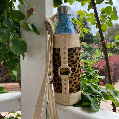 Large leather water bottle holster bag, hand made with high quality cream leather and hand painted leopard print cow hide.