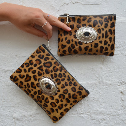 Leopard print hand made leather purse, with concho embellishment, animal print purse, western style, sleek and sexy, petite, feminine, designer, slow fashion, ethical, small business. 