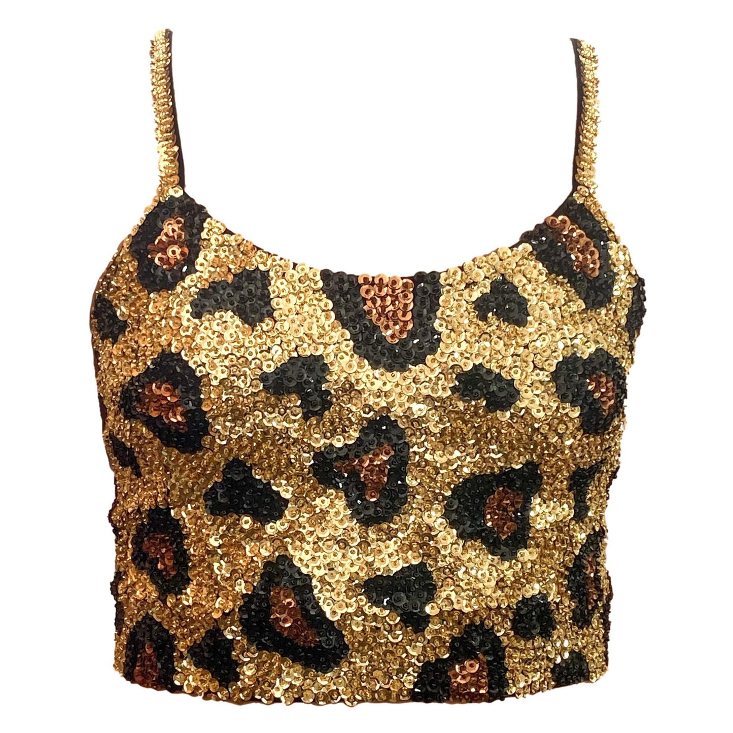 Gold leopard print sequin crop top with brown and black sequins, pair with our matching leopard sequins shorties or hot pants, festival crop top, rave wear top, leopard print costume, gold crop top, festival outfit. 