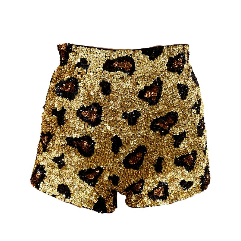 Gold, brown and black sequin shorts, making a sexy high waist leopard print festival shorts, pair with matching leopard print crop top and your favourite festival boots, wear to your next festival, day party or dance party, boots shorts, hot pants, burning man fashion.