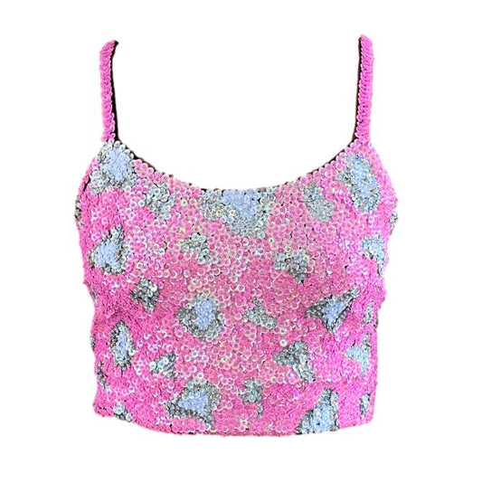 Pink, silver and white sequin crop top with a leopard print design. Perfect for festivals and dance parties.