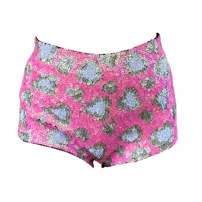 Handmade pink sequin booty shorts for women with beading. Perfect for festival wear, raves and parties. Pink leopard print sequin festival hot pants for festival outfits.