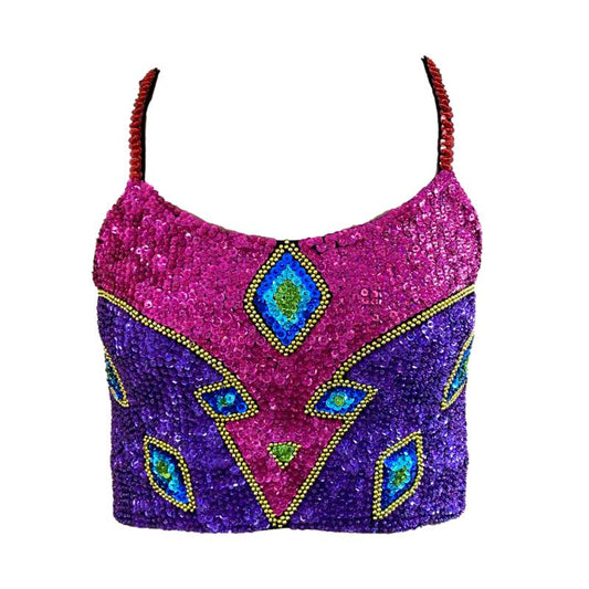 Rainbow sequin crop top, with pink, purple, blue, green and yellow sequins and gold beads. Pair with our matching hot pants for your next stand out festival look.