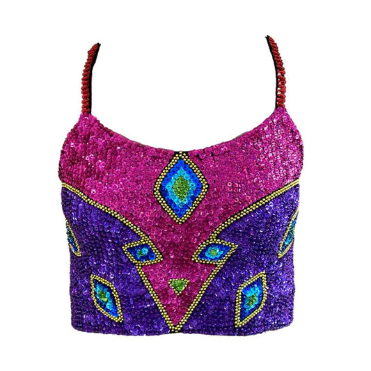 Rainbow sequin crop top, with pink, purple, blue, green and yellow sequins and gold beads. Pair with our matching hot pants for your next stand out festival look.  