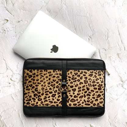 genuine leather laptop case with painted leopard print cow hide and gold details, sleek and sexy design, feminine, petite, stylish. 