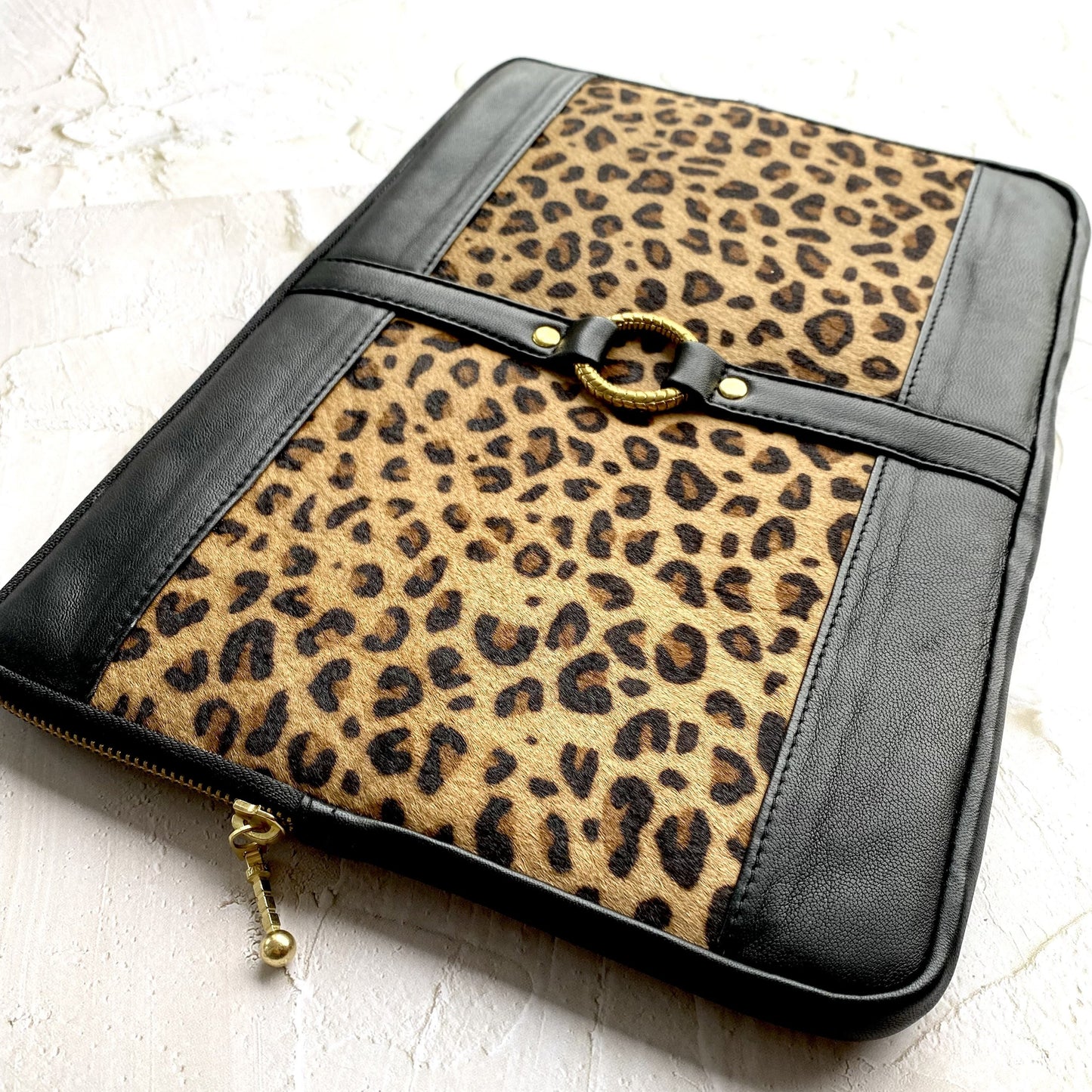 hand made genuine leather leopard print laptop case, bag, designer, high quality, gold hardware, black leather. 