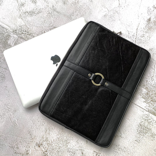 Sleek, sexy and slimline black leather laptop bag with silver hardware, silver details, zip pocket, zip closure, designer, apple, macbook, ipad.