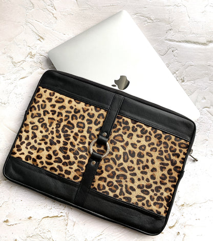 Hand made leather leopard print laptop case for apple, macbook, ipad.