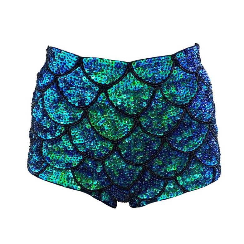 Mermaid blue green sequin high waist hot pants hand made by Australian small business designer with black beads for scales, dress up as a mermaid with these festival shorts for festival outfits or burning man fashion.
