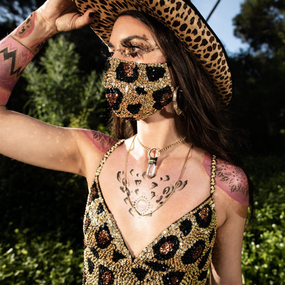 Leopard Sequin Face Mask, festival dust mask, leopard print gold brown and black sequins, face covering. 