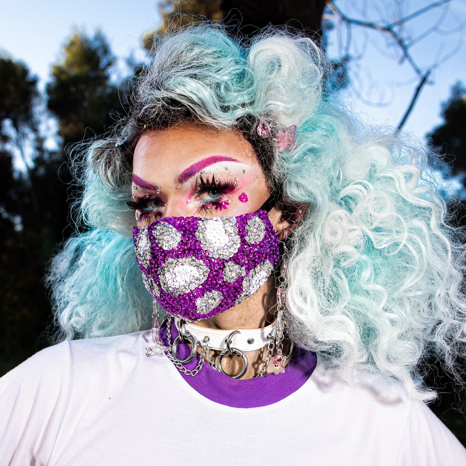 Purple Panther Sequin Face Mask, drag queen, drag makeup, festival fashion, festival wear, festival outfit.