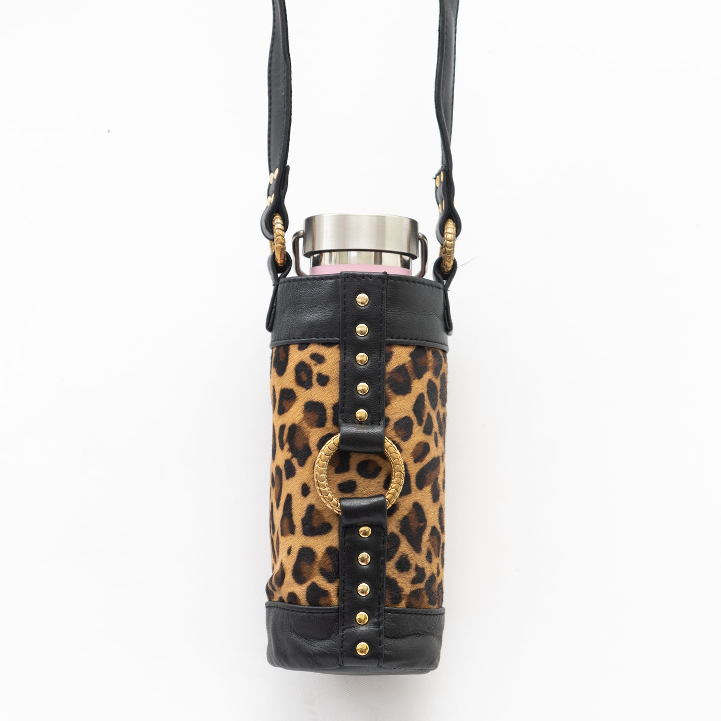 leopard print leather bottle holster bag with luxe gold hardware, designer make, high quality, black leather, gold rings and studs, reusable water bottle, take it hiking, travelling or to your festival.