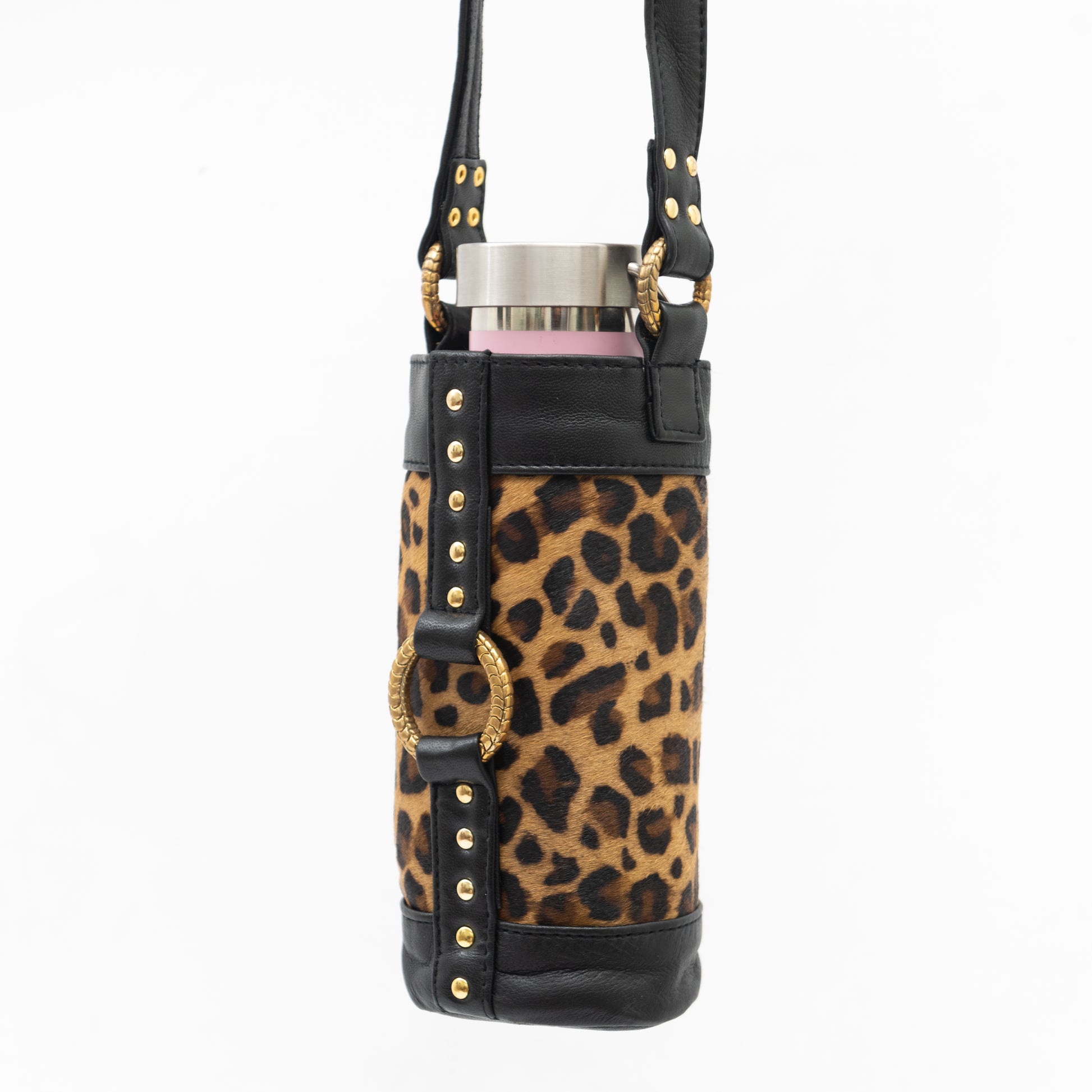 designer crossbody water bottle holster, Leopard print and gold, festival bag and rave wear for burning man accessories 