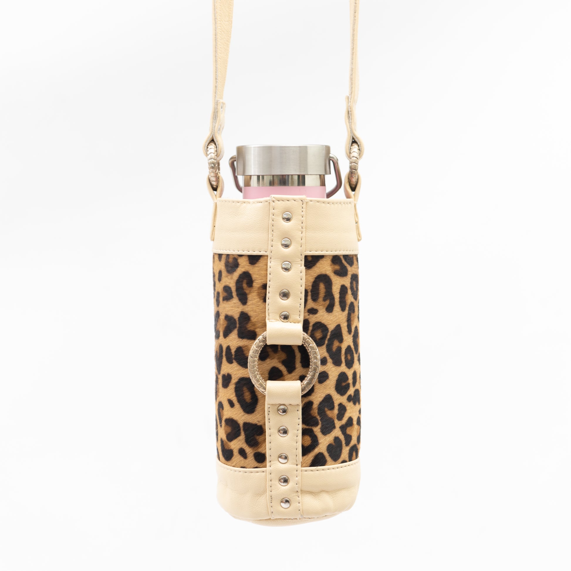 cream and leopard print water bottle holster carry bag, boho style, festival bag, adjustable shoulder strap.