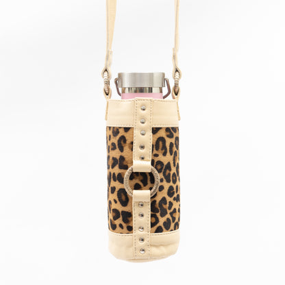 cream and leopard print water bottle holster carry bag, boho style, festival bag, adjustable shoulder strap.