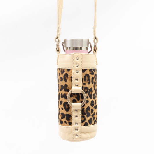 cream and leopard print water bottle holster carry bag, boho style, festival bag, adjustable shoulder strap.