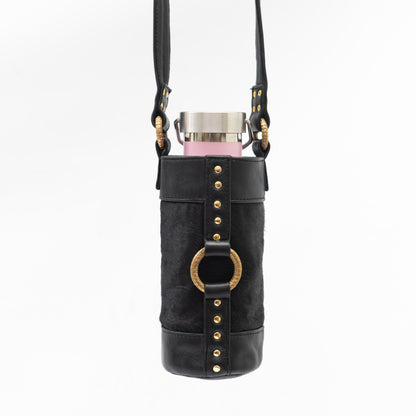 black leather bottle carry bag with luxe gold hardware, black cowhide and adjustable shoulder strap, keep your water bottle or wine bottle at hand.