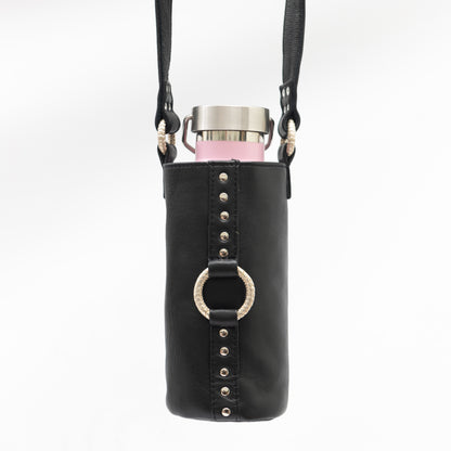 hand made leather bottle bag with silver hardware, for carrying water bottle across your body or over your shoulder for burning man and other festivals 