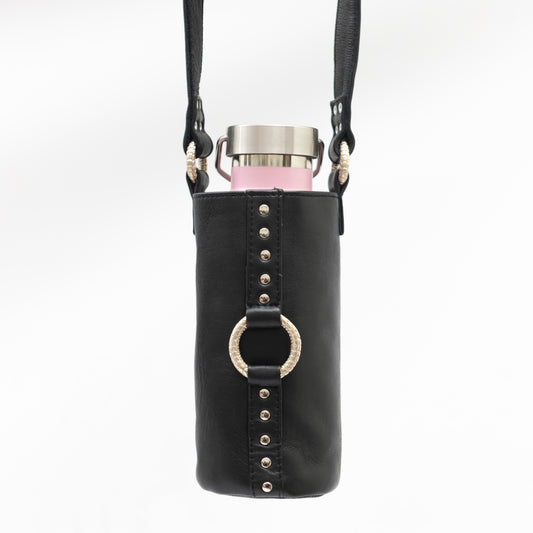 hand made leather bottle bag with silver hardware, for carrying water bottle across your body or over your shoulder for burning man and other festivals 