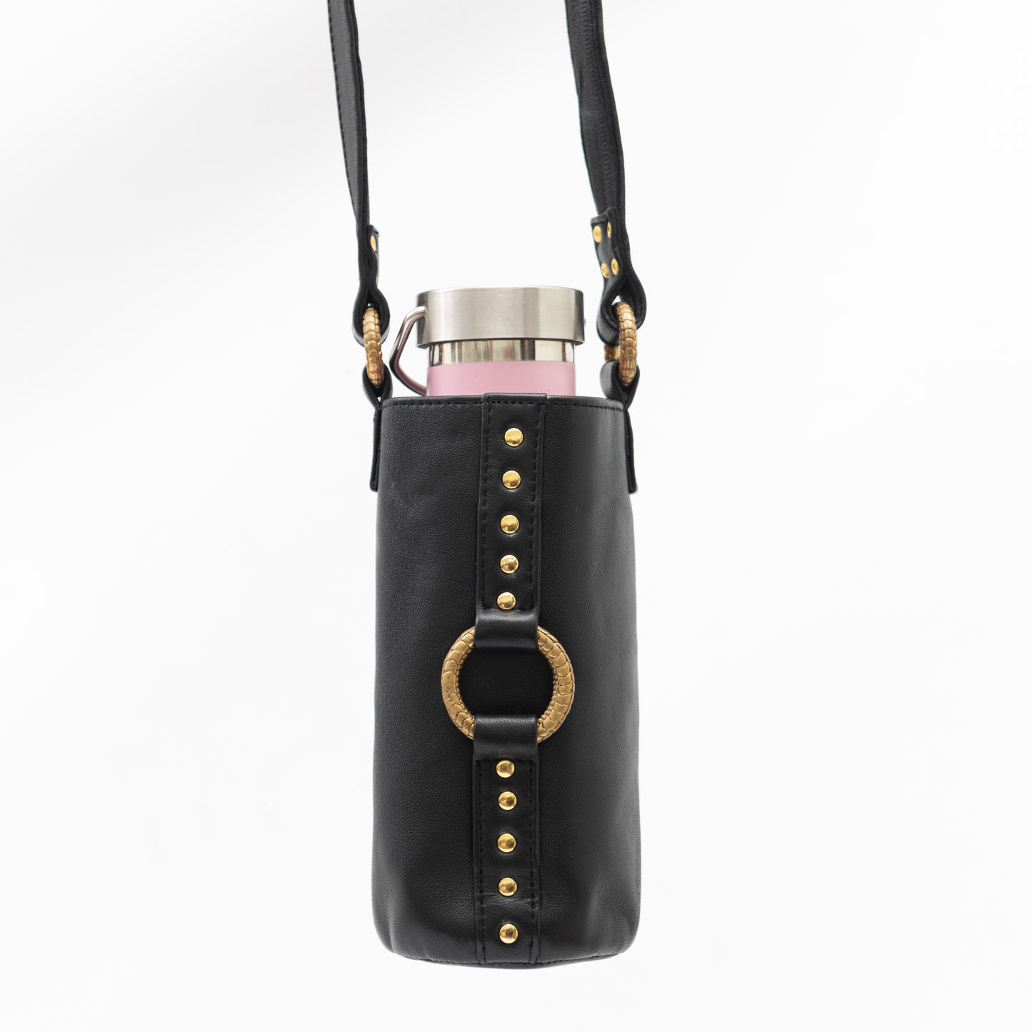 black leather and gold reusable water bottle carry bag to wear crossbody or over the shoulder at music festivals and burning man