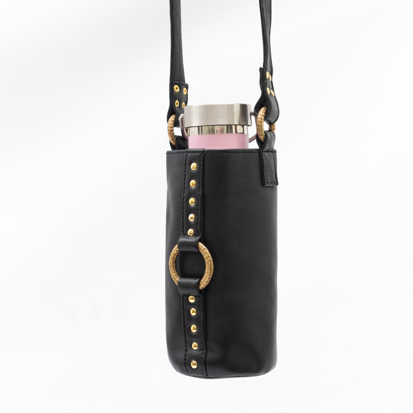 water bottle holster bag made from genuine black leather and gold hardware to wear crossbody or over the shoulder