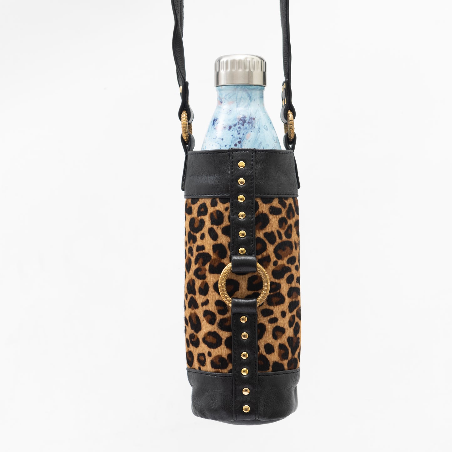 Wine bottle carry bag, holster, leather, leopard print, gold hardware and luxe rings.