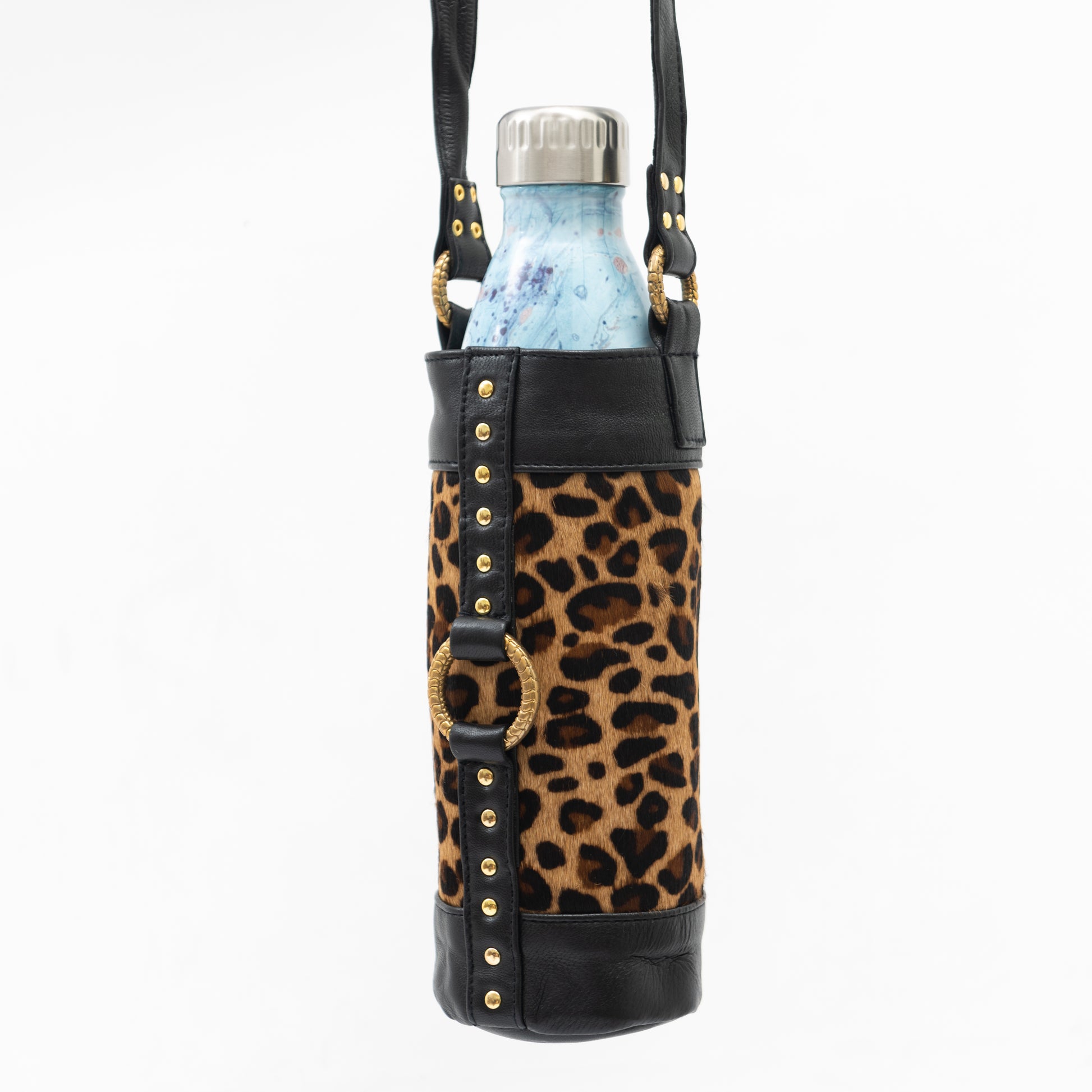 hand made genuine leather water bottle carrier bag with leopard print design and gold hardware for burning man and other festivals 