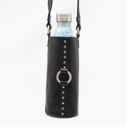 hand made black leather bottle holder bag with silver ring and hardware on the front for music festivals and hiking 