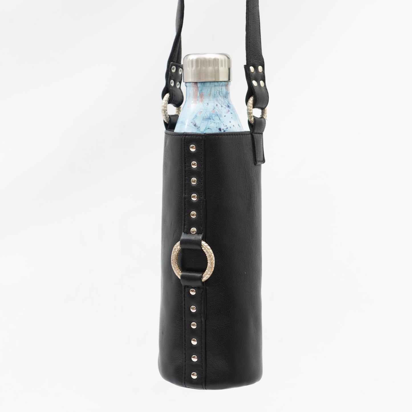 hand made water bottle holster bag made from genuine black leather and silver hardware, fits 1L reusable bottle