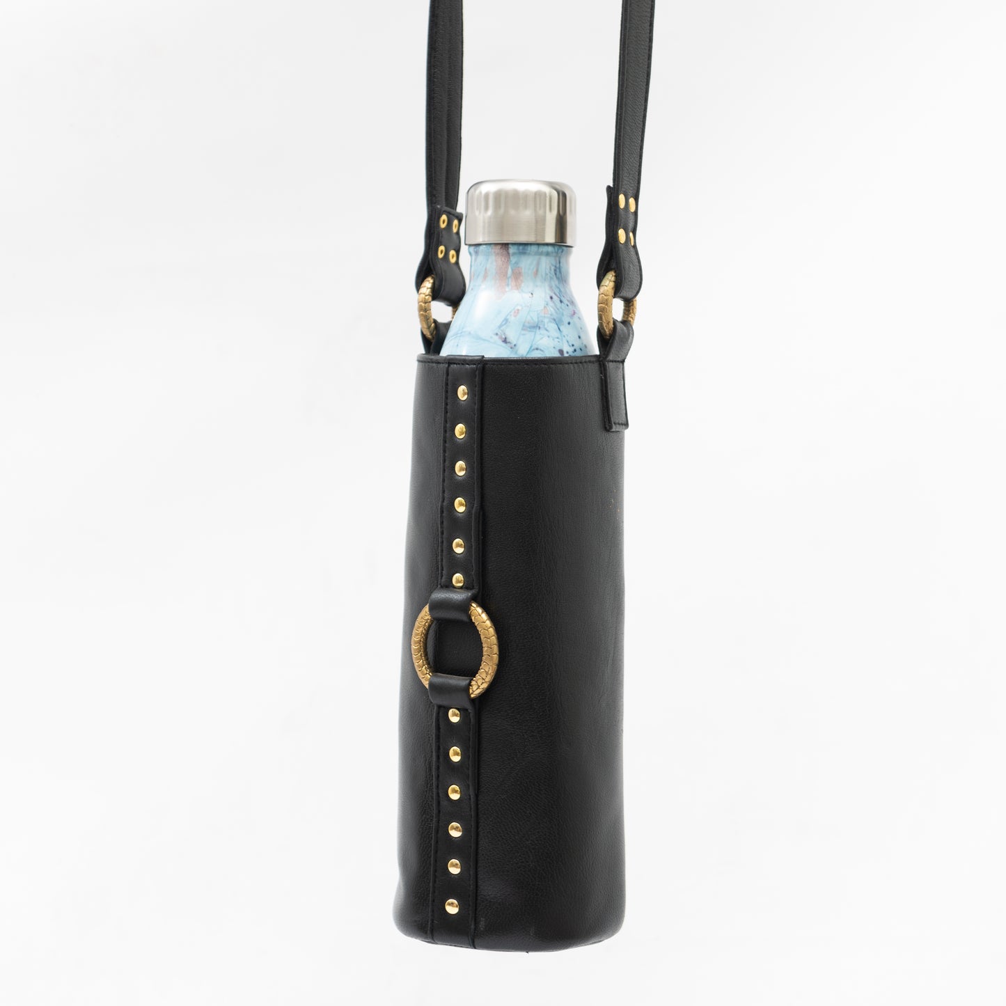 black leather bottle bag with gold accessories for 1l metal reusable bottle 