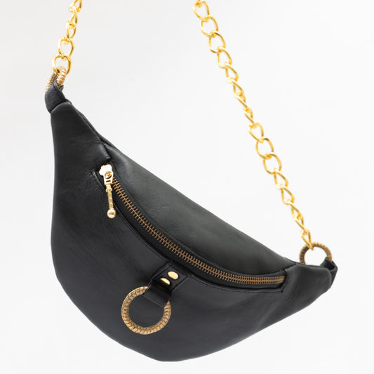 Black leather bum bag with gold chain and hardware, accessories, belt bag, festival bag, feminine, sexy, sleek, petite, slender.