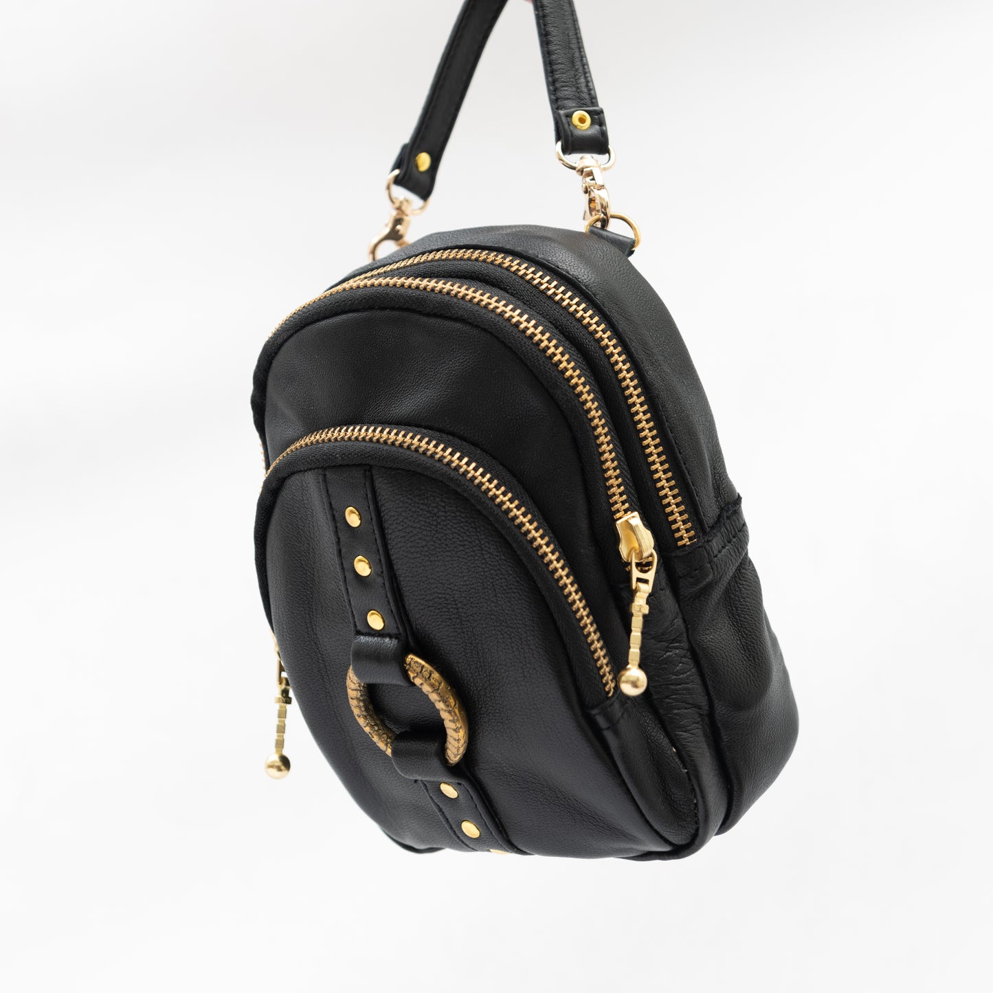 hand made Australian designer black leather cross body bag with gold hardware and small compartments