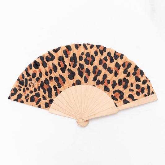 leopard print hand fan for festival outfit and rave, made with wooden frame.