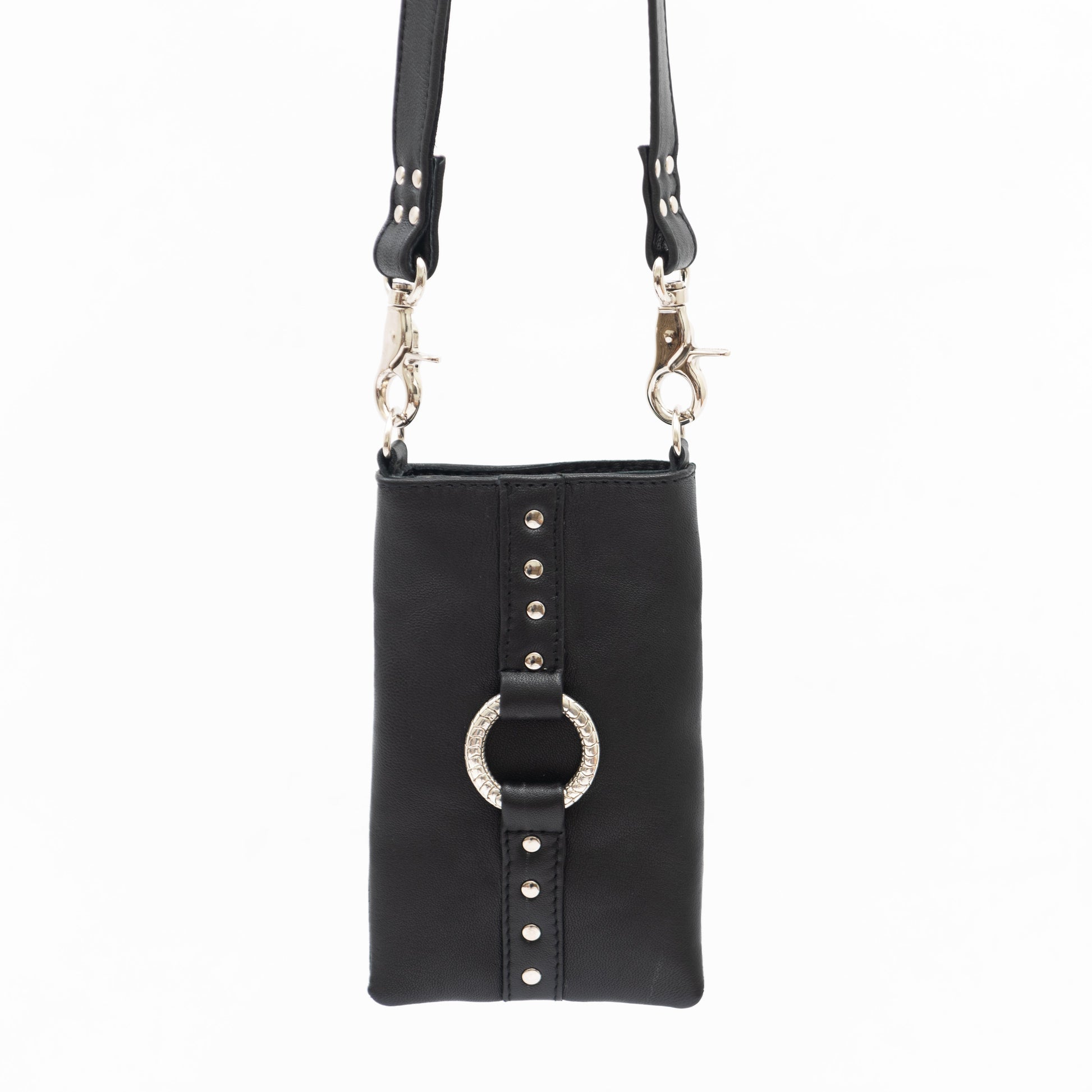 black leather mobile phone crossbody bag for iPhone with silver hardware, hand made genuine leather designer phone pouch.  