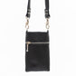 back of black leather phone carry bag with silver hardware and hidden zip pocket. 