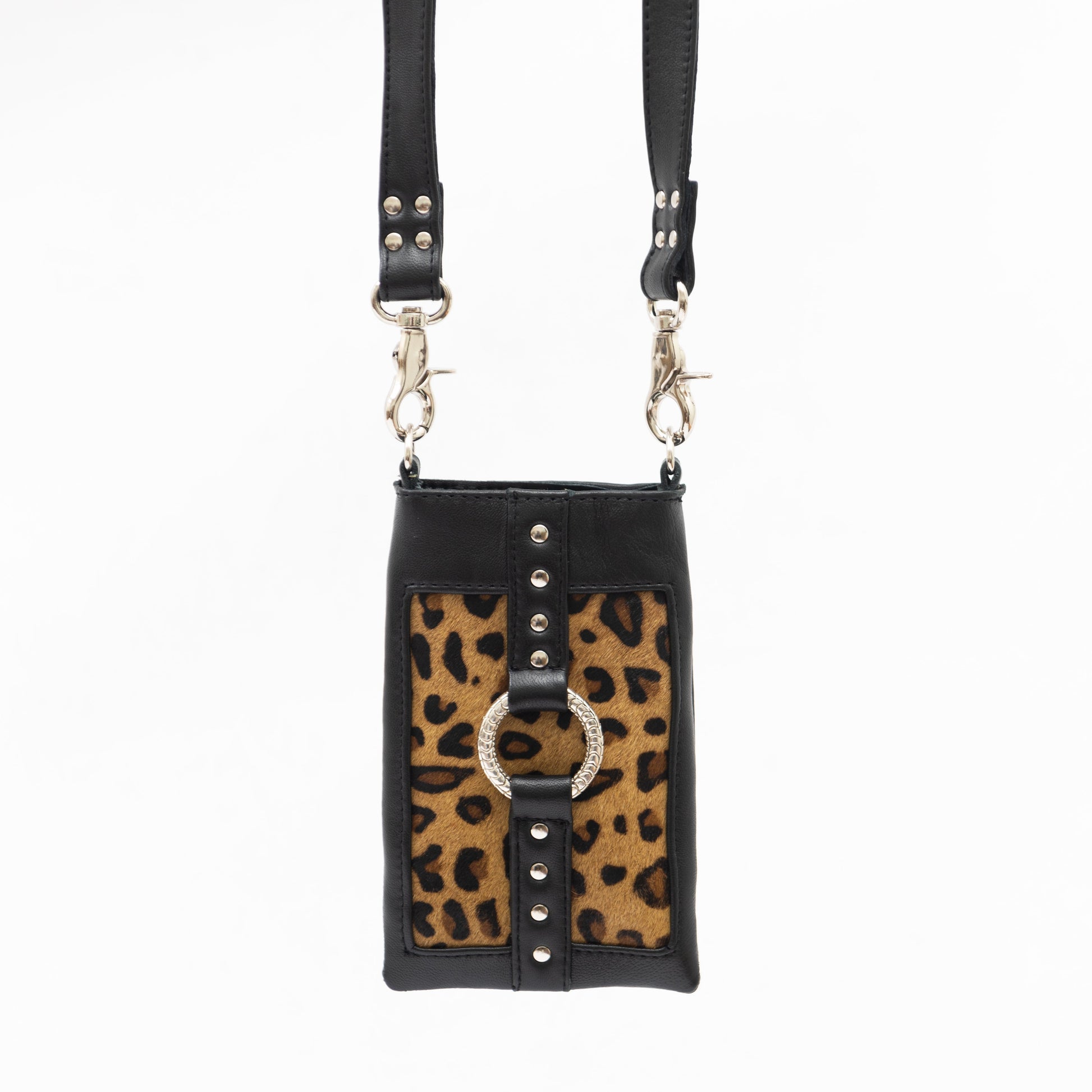 black leather and leopard print crossbody phone carry bag with silver hardware and adjustable shoulder strap, Australia designer mobile phone pouch, perfect for iPhone and festival bag