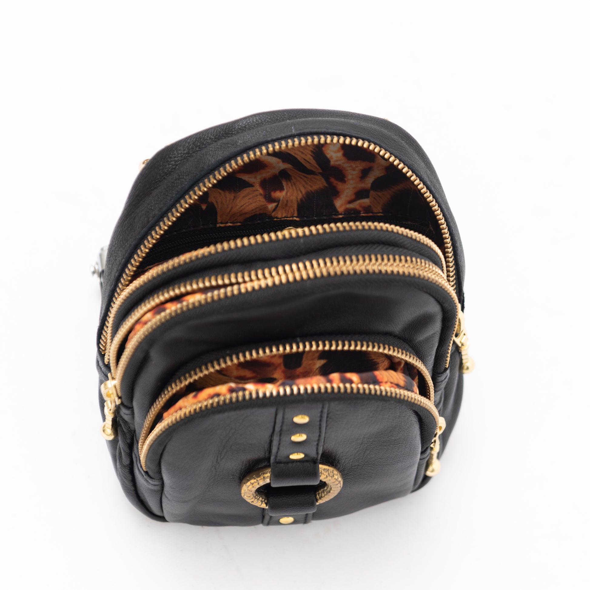 black leather cross body bag and wrist bag with leopard print lining and luxe gold hardware