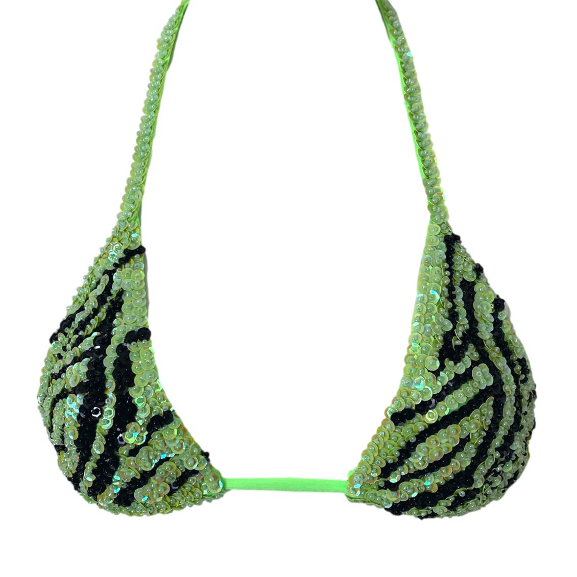 neon green and black zebra print triangle bikini crop top for festival outfits 