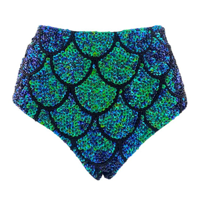 holographic blue green high waisted sequin hot pants in our mermaid design for festival outfits and festival shorts.