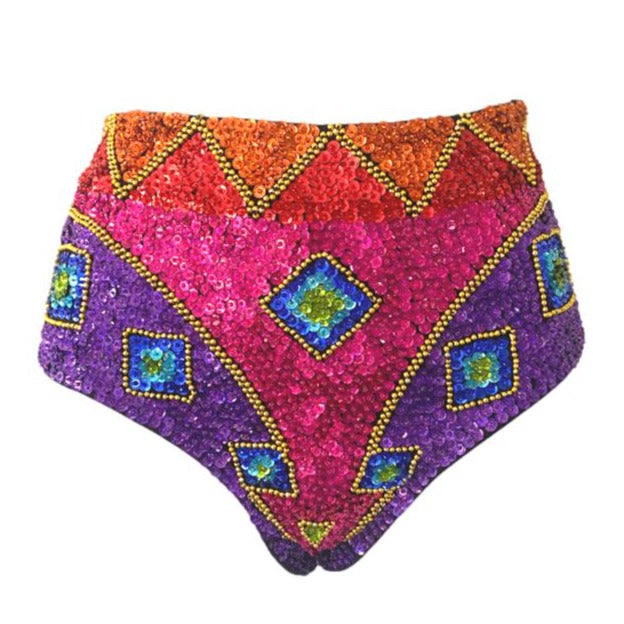 Rainbow Serpent Hot Pants, high waist hand made sequin hot pants for festivals like burning man and EDC las Vegas.