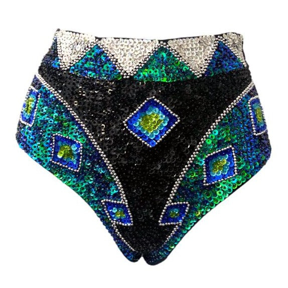 green, black and silver hand made high waisted festival hot pants for festival outfits.
