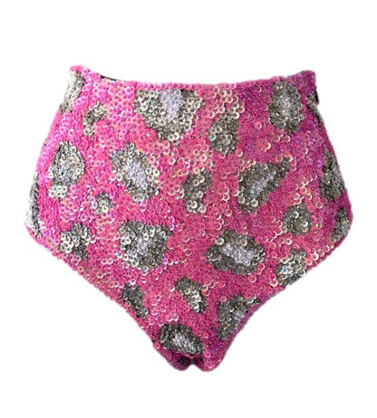 pink, silver and white high waist sequin hot pants for festival outfits.