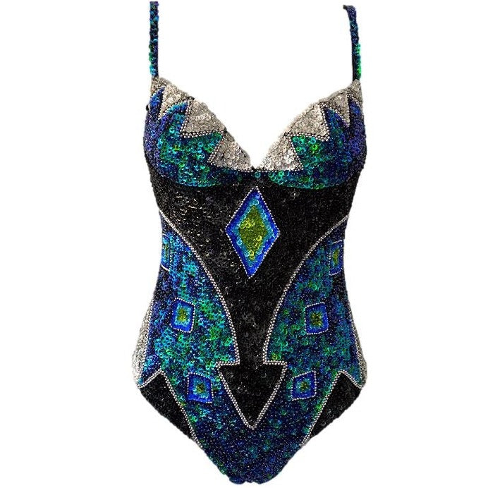 Sexy Women Beaded Bodysuit Sequin Swimsuit RAVE Dancer One-Piece Outfit Costume Stage Performance Leotard show girls, pole wear, rave wear, festival one piece.