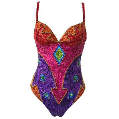 Rainbow sequin festival bodysuit with high cut for women, great pole dance, hot pants and rave wear outfit, festival costume, rave wear one piece, rainbow leotard, sequin one piece, festival outfit.